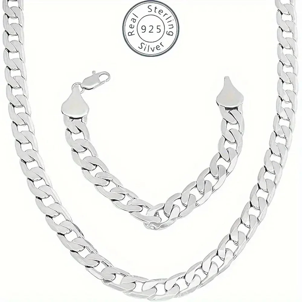 women Men's 8mm 14k Yellow Gold Plated Beveled Curb Chain Necklace + Bracelet Set