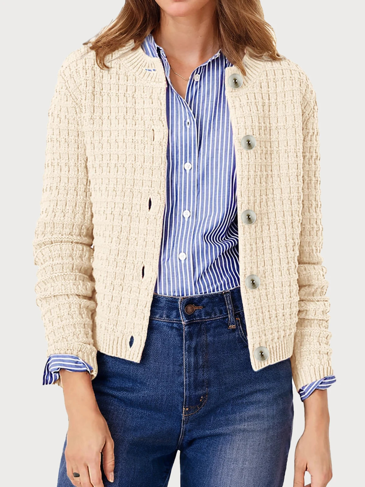 Women's Temperament Round Neck Knitted Top Retro Casual Single-Breasted Long-Sleeved Cardigan Sweater Jacket
