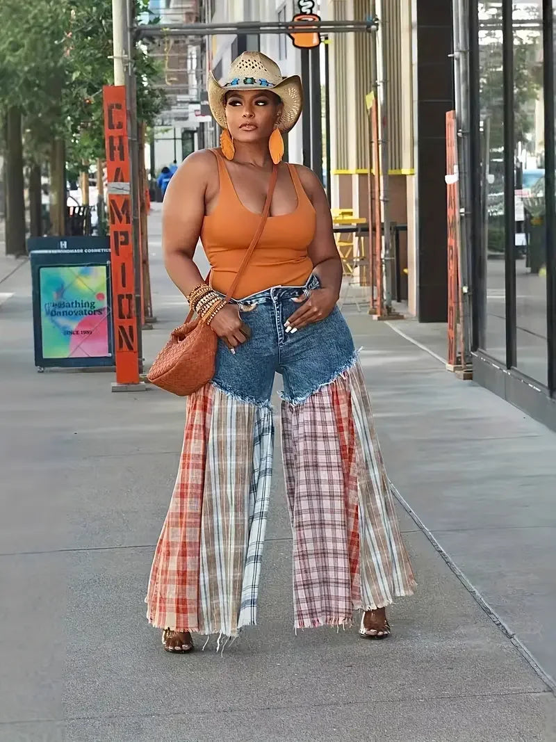 Women's Wide Leg Jeans - Plaid Stitch Loose Fit Denim Pants with Button Closure, Long Casual Streetwear Outfit