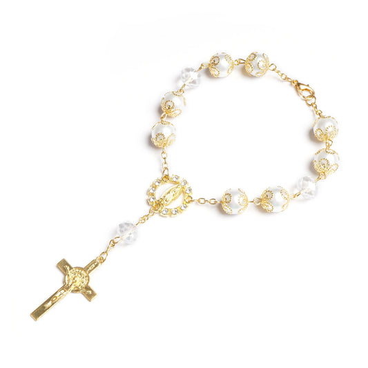 12 Pcs Pearl Bracelets Rosary for Girls Boys with Our Lady of Guadalupe Catholic Baptism Communion Christening
