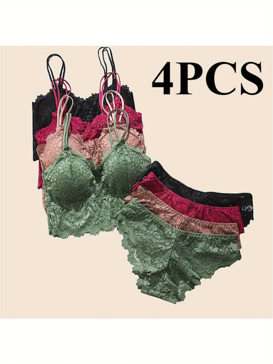 4pcs Women'S Sexy Lace Bra & Panty Set, Breathable & Comfortable, Removable Bra, Stretchy Lingerie Set