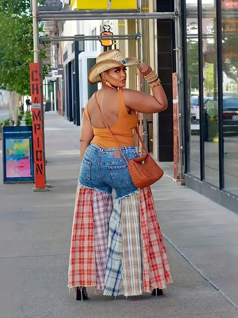 Women's Wide Leg Jeans - Plaid Stitch Loose Fit Denim Pants with Button Closure, Long Casual Streetwear Outfit