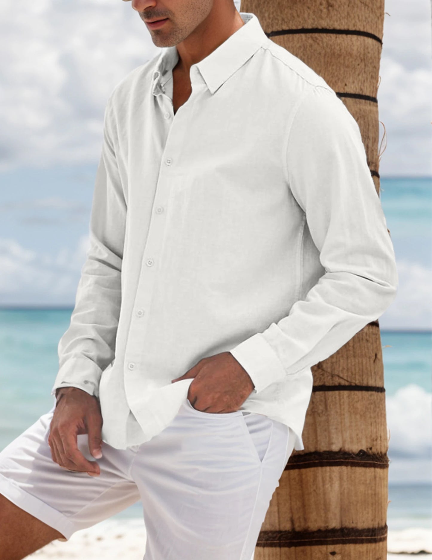 Men's Cotton Linen Collared Button-Up Business Shirt, Breathable and Comfortable, Suitable for Office and Formal Occasions