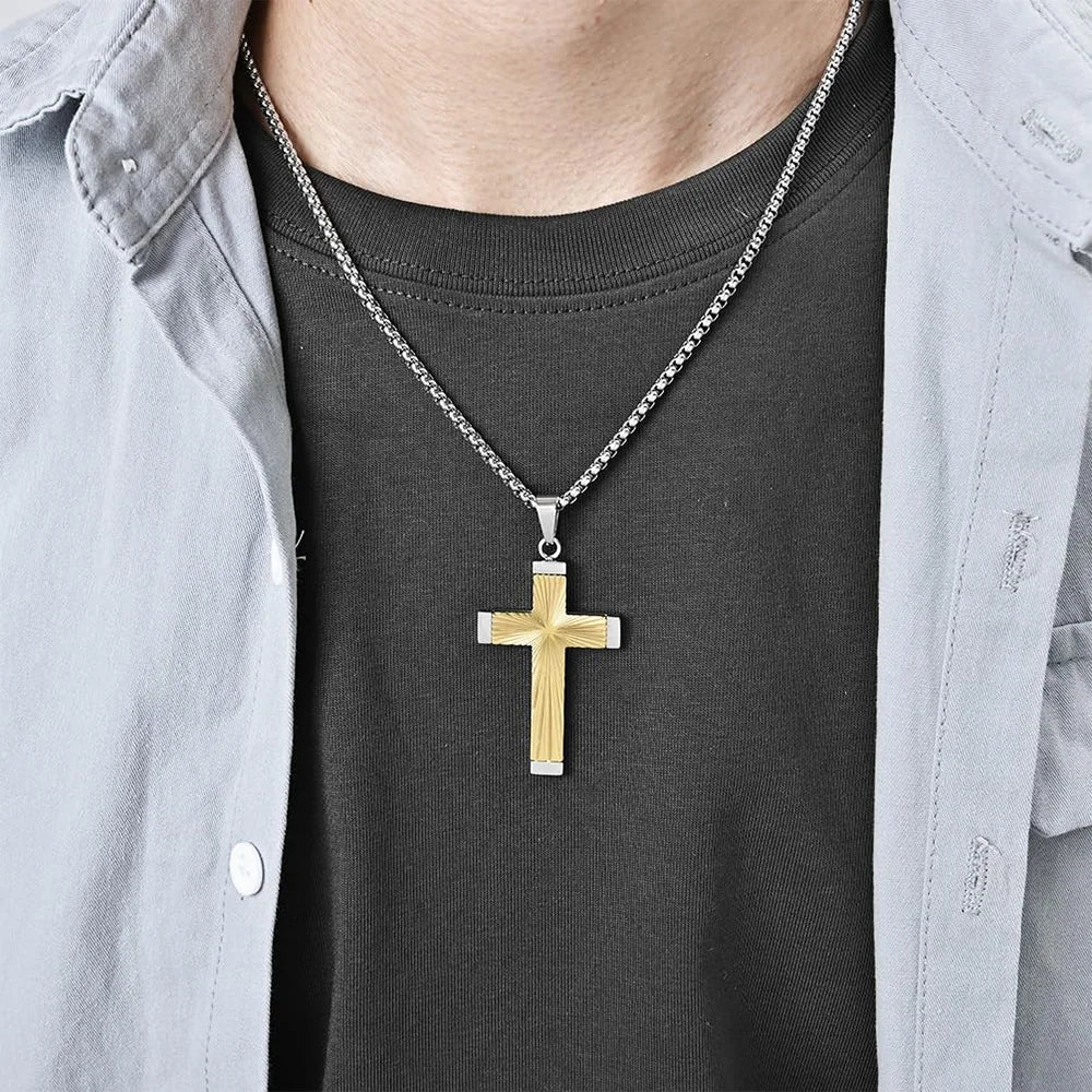 18K Gold Plated 925 sterling silver Cross Necklace Men Women Hip Hop Rays Pattern Cross Pendant Jewelry