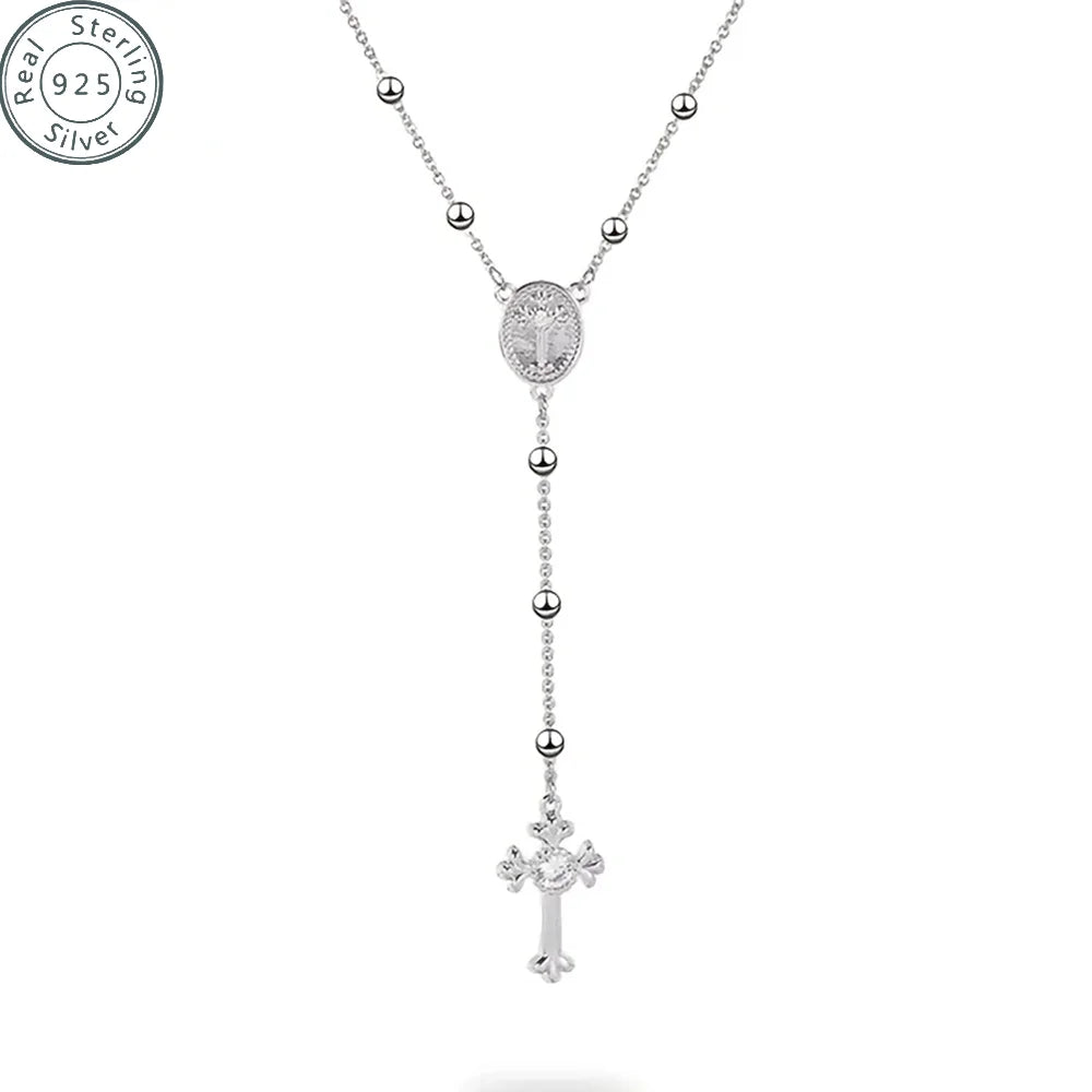 Italian 925 Sterling Silver or 18K Gold Plated Rosary Bead Cross Y Necklace Chain for Women men
