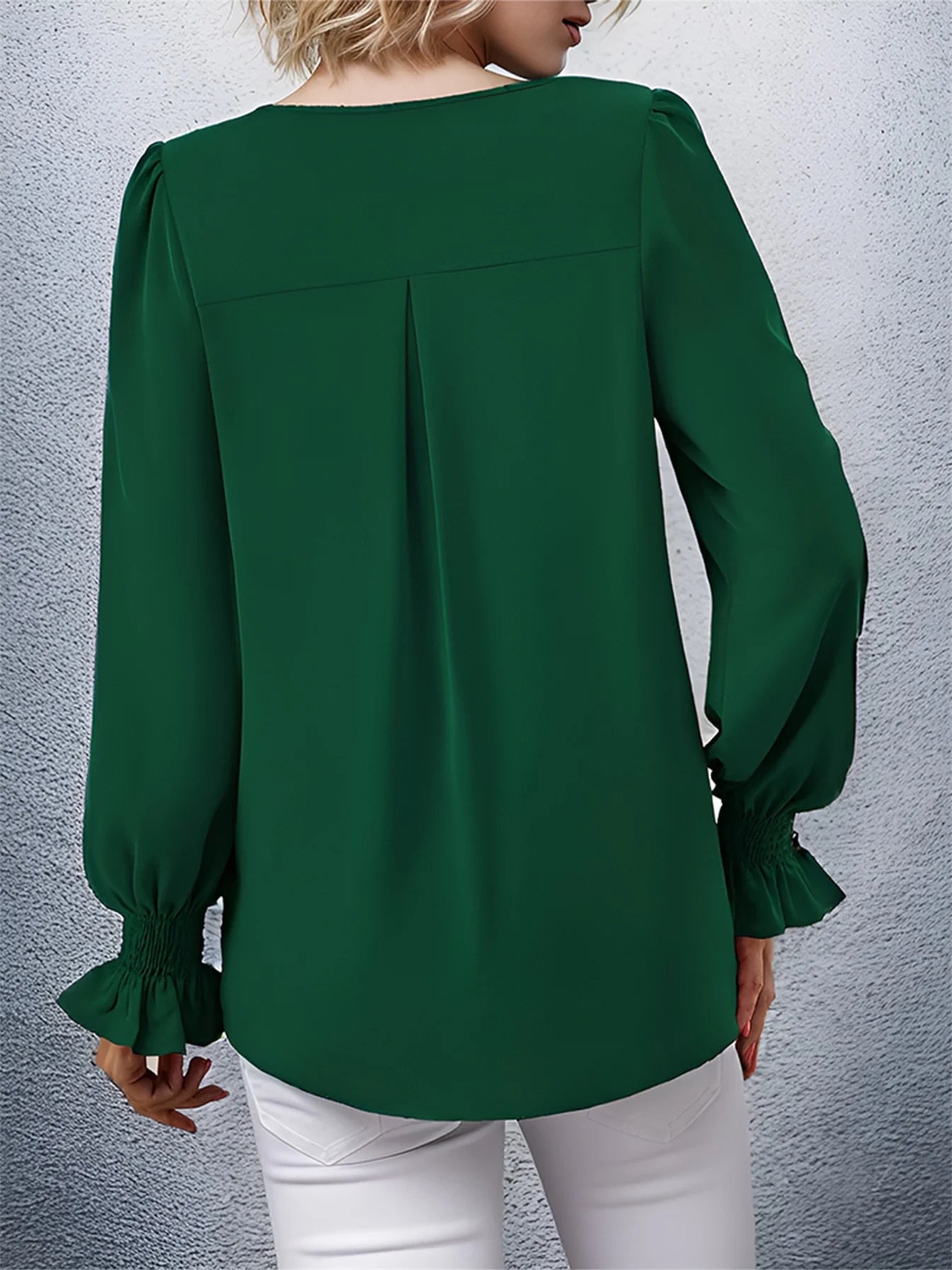 Women's V-Neck Lantern Long Sleeve Pleated Casual Loose Shirt