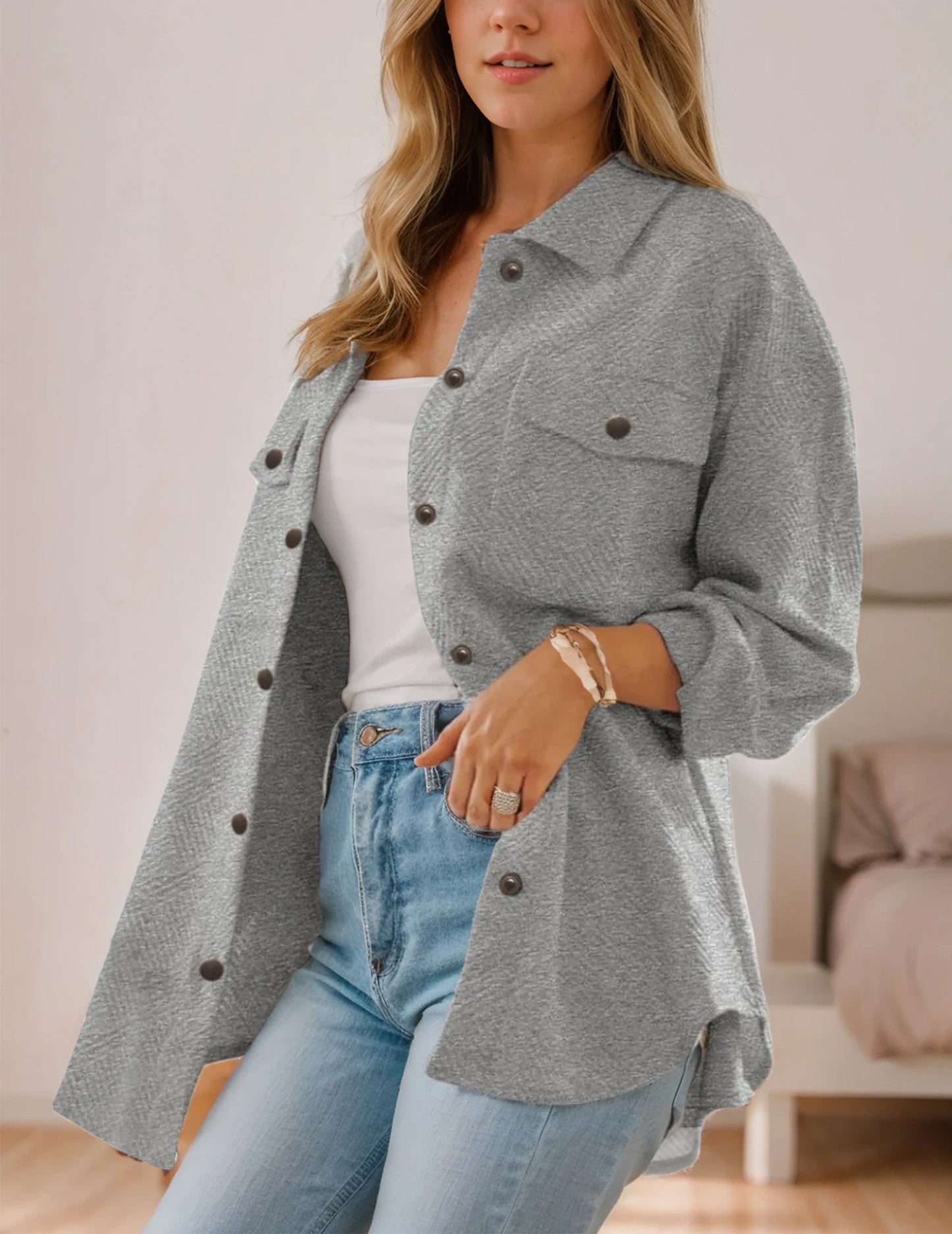 Women's Jacket with Pockets Casual Fall East Season Long Sleeve Flannel Shirt Button Collar Coat