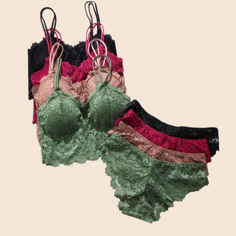 4pcs Women'S Sexy Lace Bra & Panty Set, Breathable & Comfortable, Removable Bra, Stretchy Lingerie Set