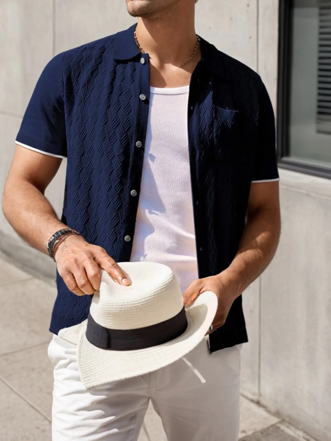 Men's Short Sleeve Casual Knit Textured Button-Down Polo Shirt With Pockets
