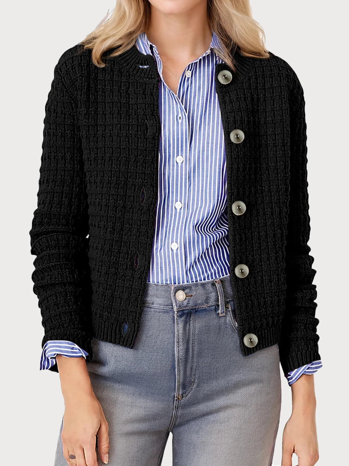 Women's Temperament Round Neck Knitted Top Retro Casual Single-Breasted Long-Sleeved Cardigan Sweater Jacket