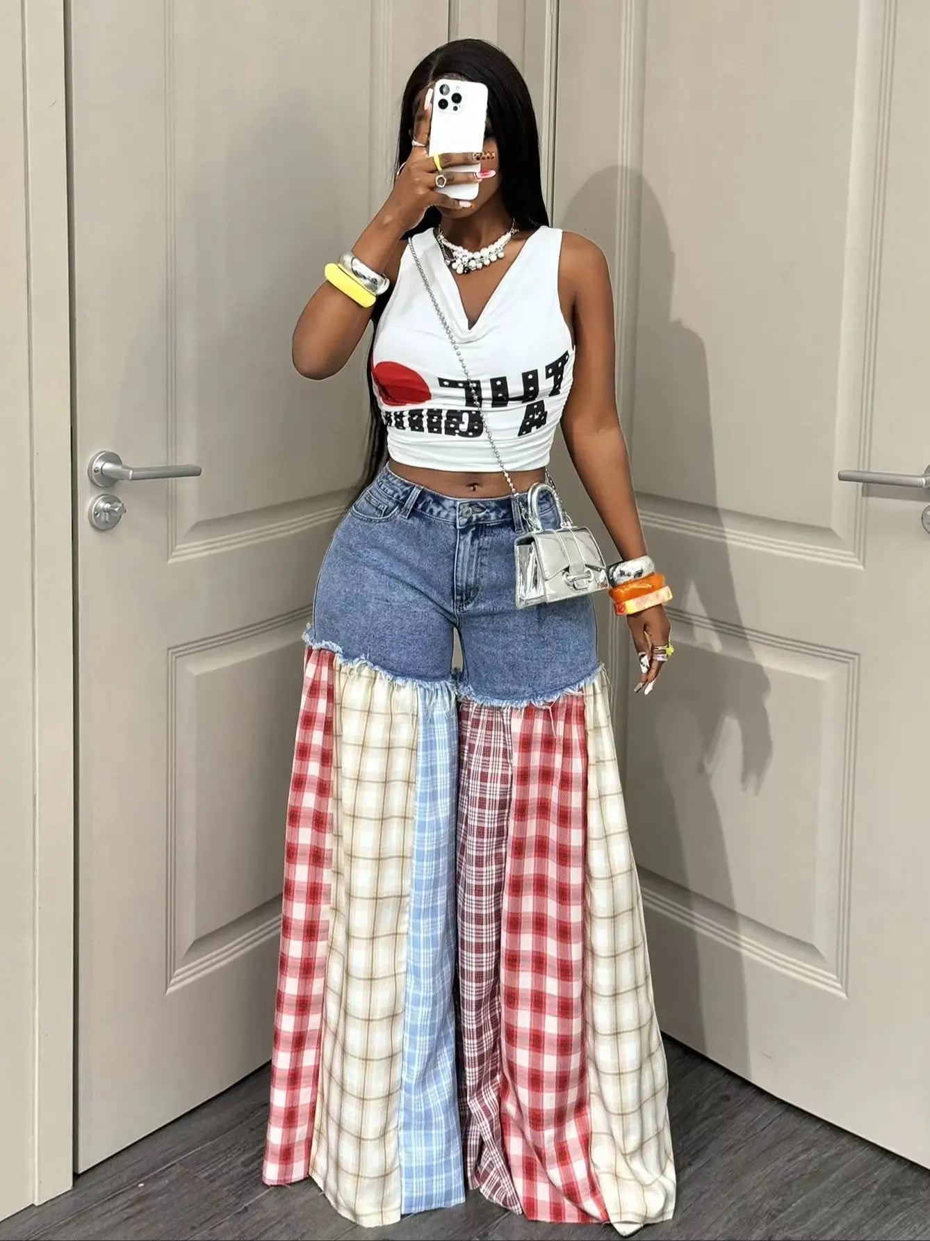 Women's Wide Leg Jeans - Plaid Stitch Loose Fit Denim Pants with Button Closure, Long Casual Streetwear Outfit