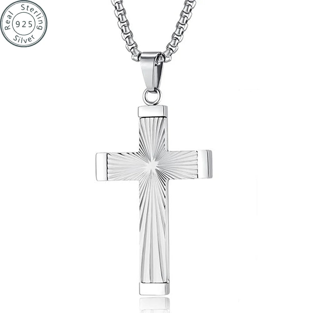 18K Gold Plated 925 sterling silver Cross Necklace Men Women Hip Hop Rays Pattern Cross Pendant Jewelry