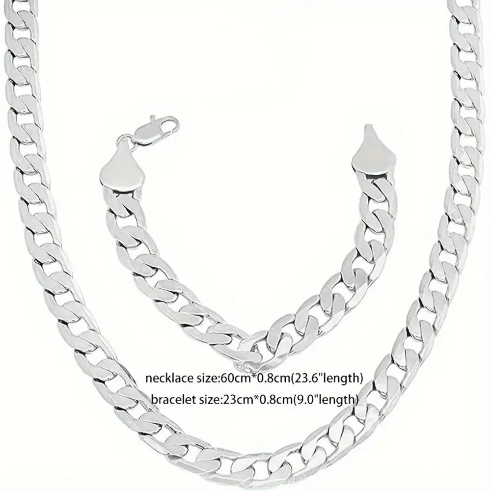 women Men's 8mm 14k Yellow Gold Plated Beveled Curb Chain Necklace + Bracelet Set
