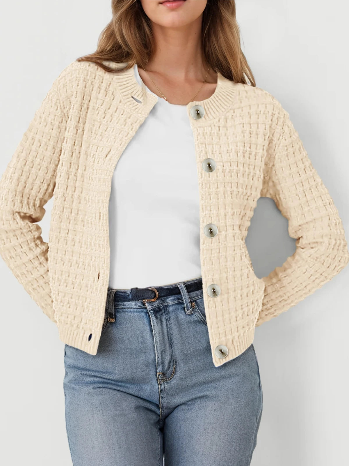 Women's Temperament Round Neck Knitted Top Retro Casual Single-Breasted Long-Sleeved Cardigan Sweater Jacket