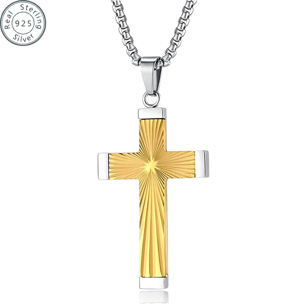 18K Gold Plated 925 sterling silver Cross Necklace Men Women Hip Hop Rays Pattern Cross Pendant Jewelry