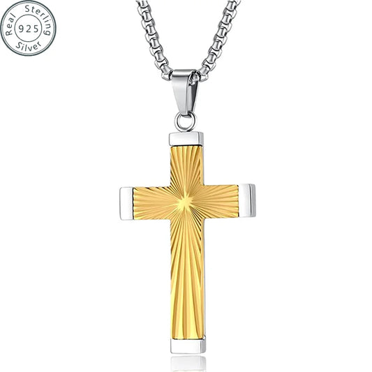 18K Gold Plated 925 sterling silver Cross Necklace Men Women  Hip Hop Rays Pattern Cross Pendant Jewelry
