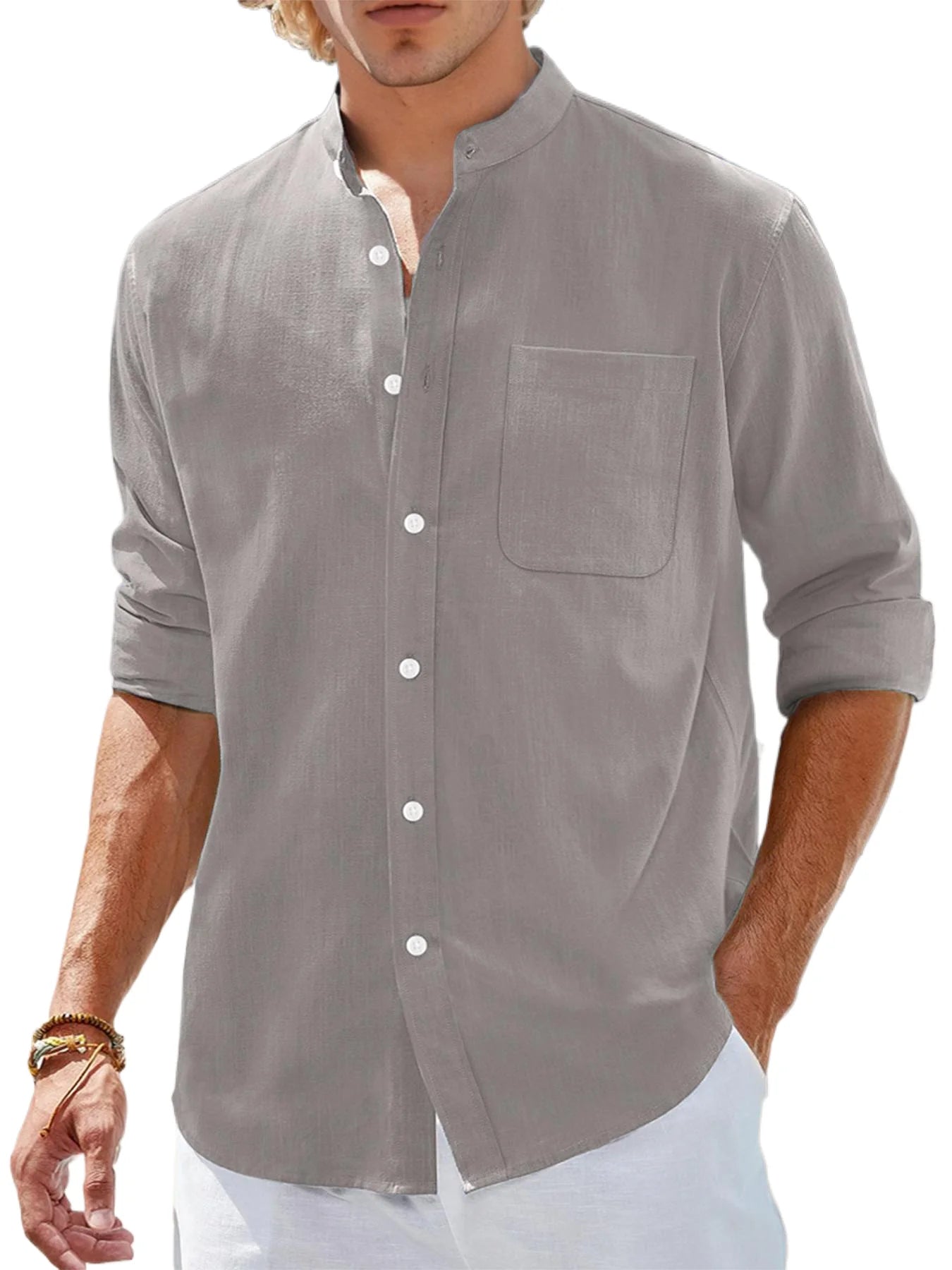 Men's Stand Collar Long Sleeve Casual Shirt, Front Placket Design with Patch Pockets, Suitable for Various Occasions