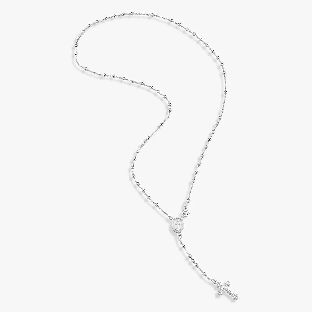 Italian 925 Sterling Silver or 18K Gold Plated Rosary Bead Cross Y Necklace Chain for Women