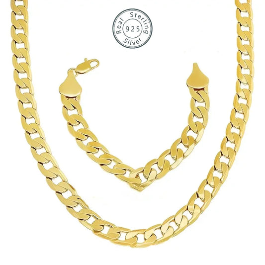 women Men's 8mm 14k Yellow Gold Plated Beveled Curb Chain Necklace + Bracelet Set
