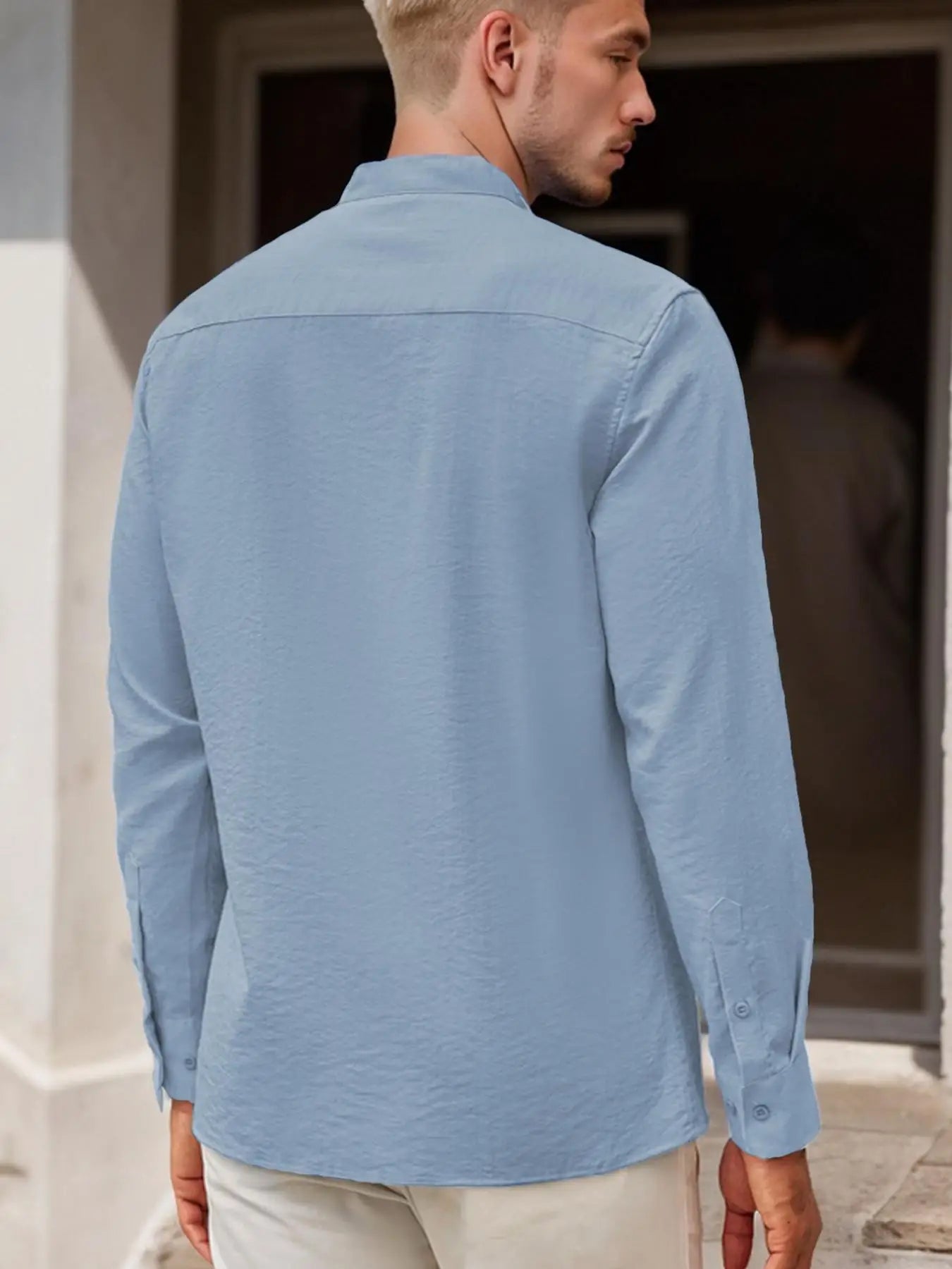 Men's Stand Collar Long Sleeve Casual Shirt, Front Placket Design with Patch Pockets, Suitable for Various Occasions
