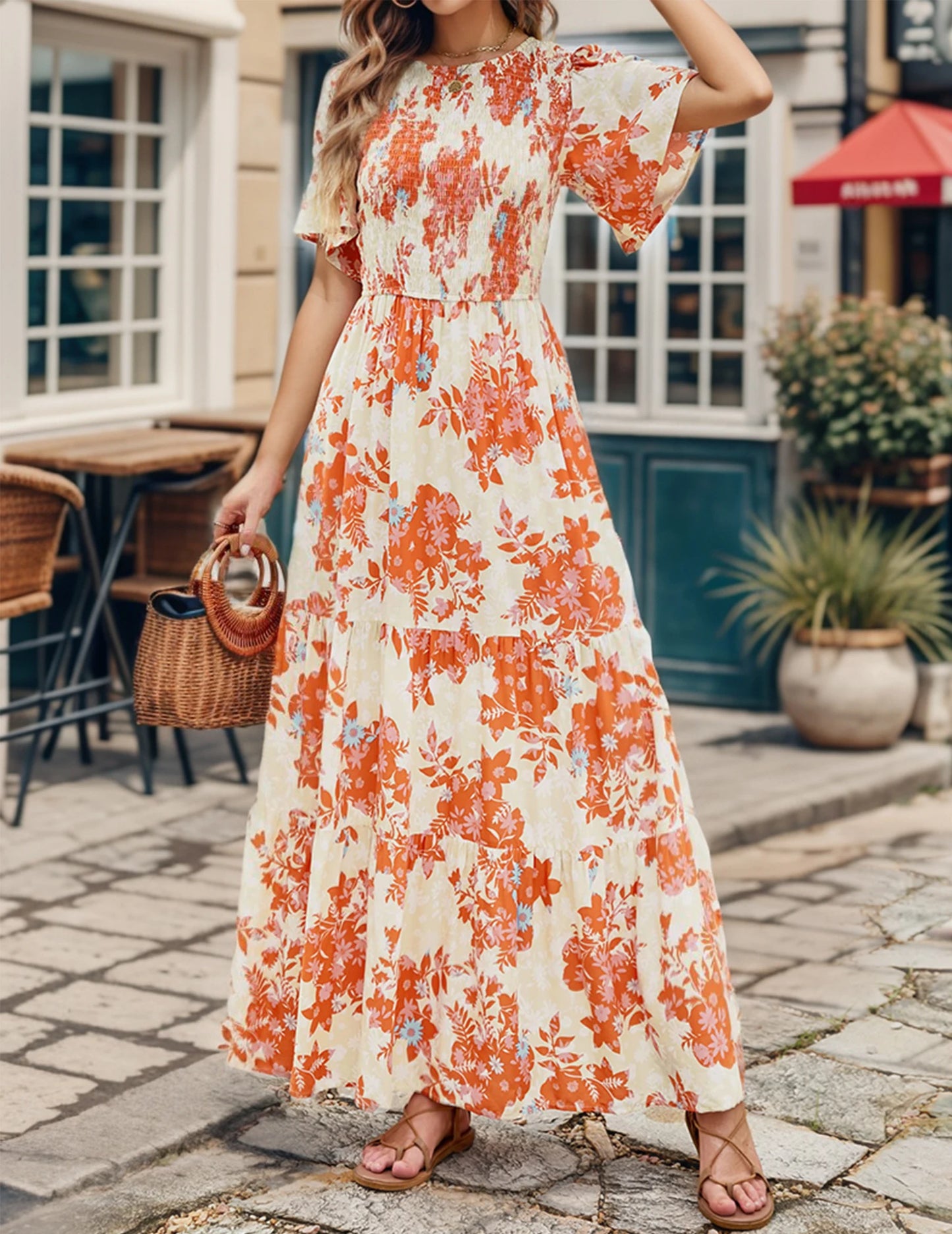 Casual Pastoral Style Floral Print Dress Long, Crewneck Short Sleeves High Waist Wide Ruffle Hem, Woman's Clothing