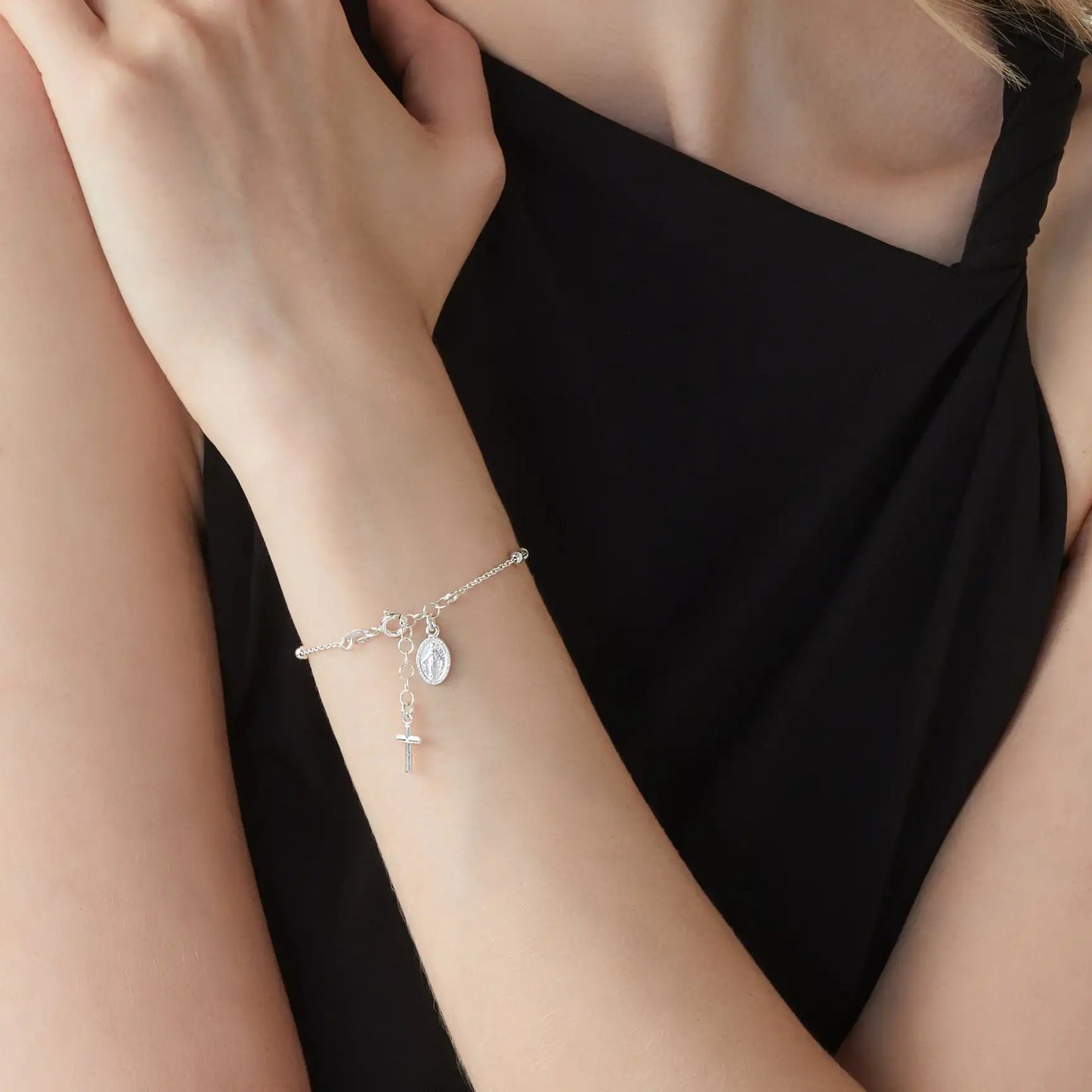 925 Sterling Silver Italian Rosary Cross Bead Charm Link Chain Bracelet for Women, Adjustable, Made in Italy