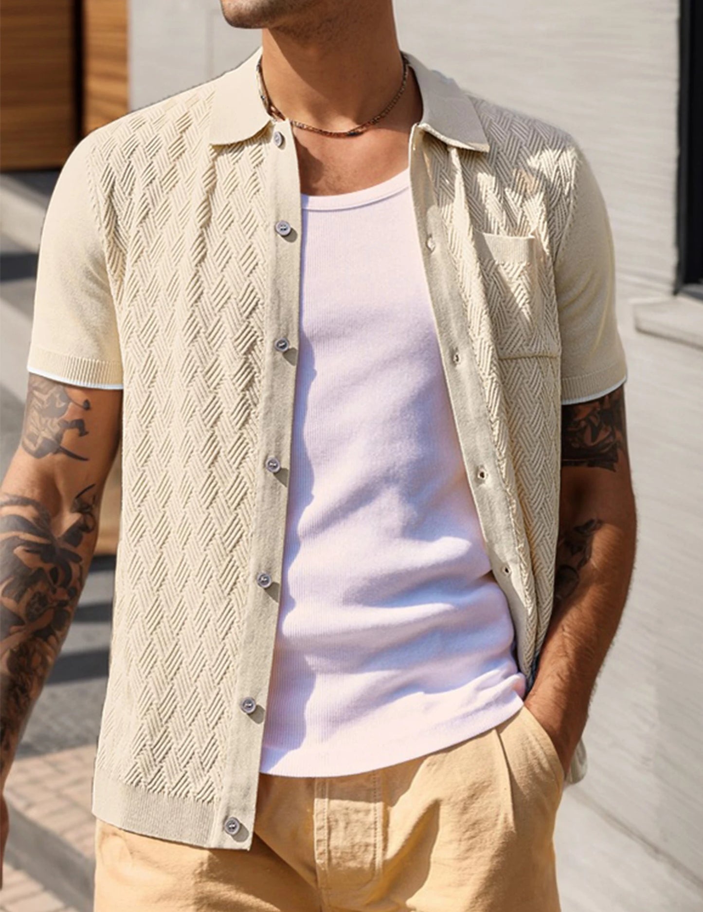 Men's Short Sleeve Casual Knit Textured Button-Down Polo Shirt With Pockets