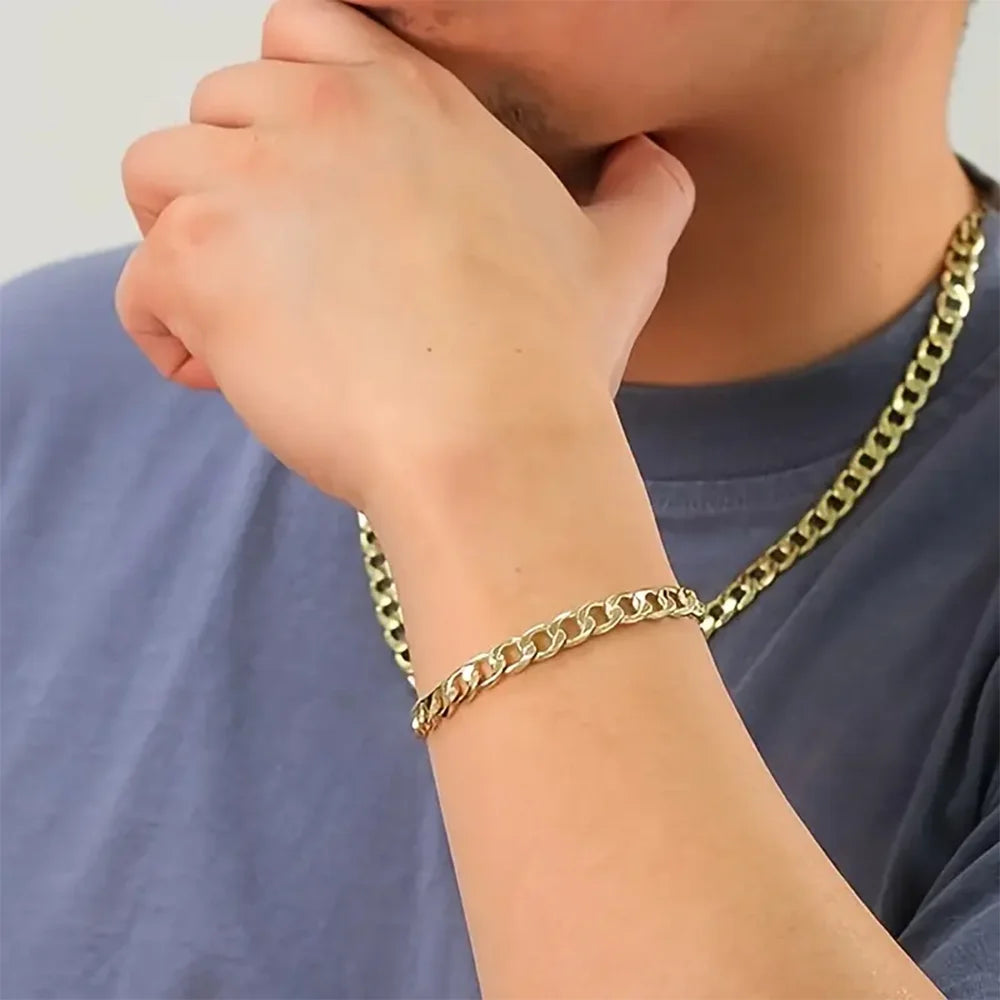 women Men's 8mm 14k Yellow Gold Plated Beveled Curb Chain Necklace + Bracelet Set