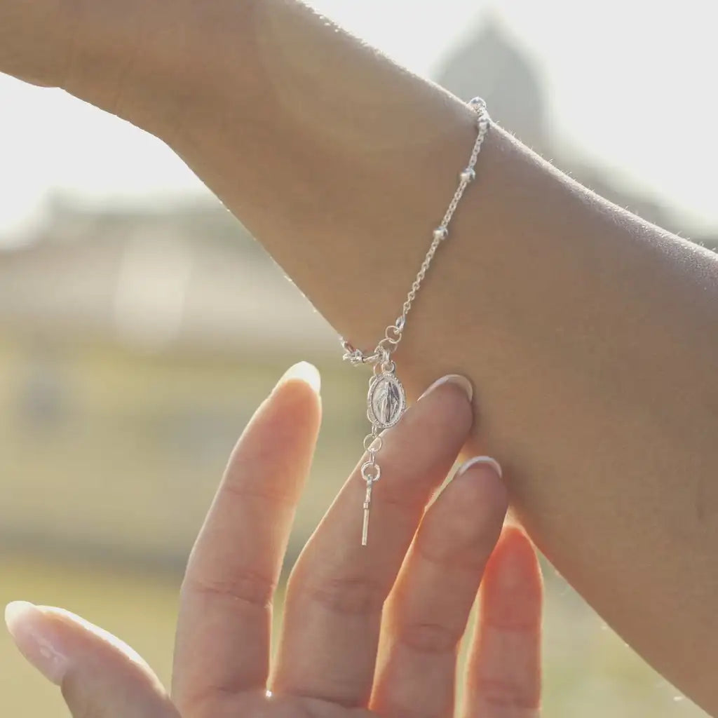 925 Sterling Silver Italian Rosary Cross Bead Charm Link Chain Bracelet for Women, Adjustable, Made in Italy