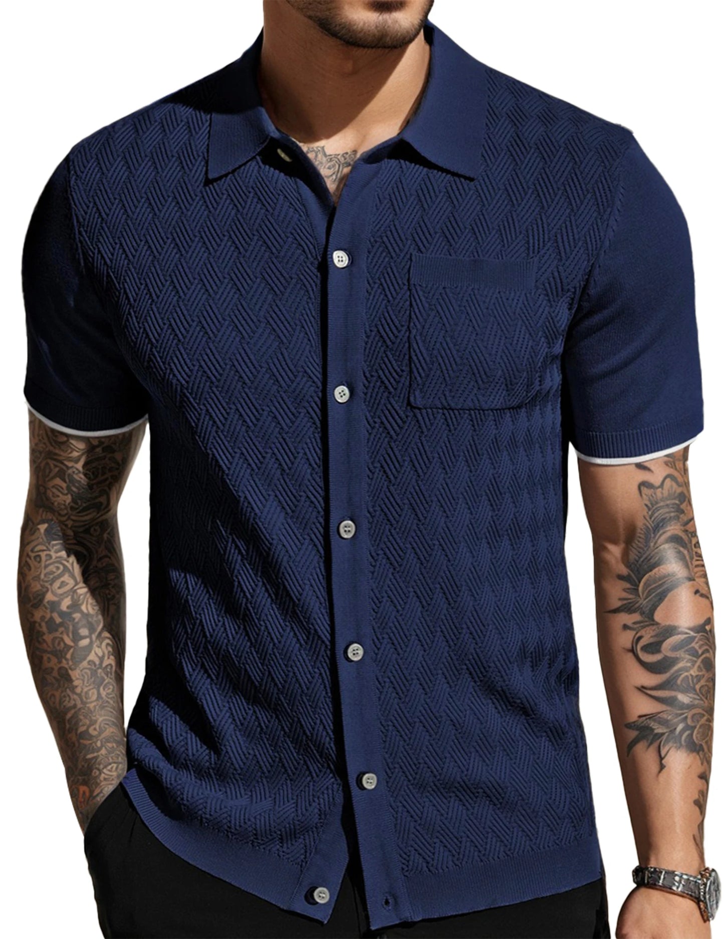 Men's Short Sleeve Casual Knit Textured Button-Down Polo Shirt With Pockets