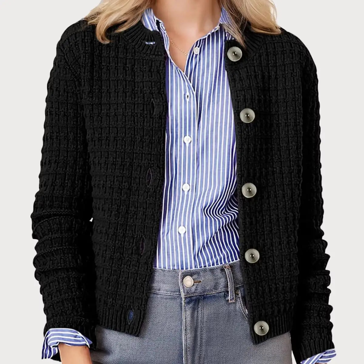 Women's Temperament Round Neck Knitted Top Retro Casual Single-Breasted Long-Sleeved Cardigan Sweater Jacket
