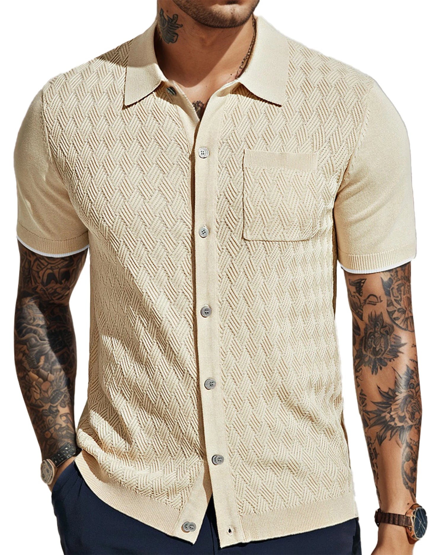 Men's Short Sleeve Casual Knit Textured Button-Down Polo Shirt With Pockets