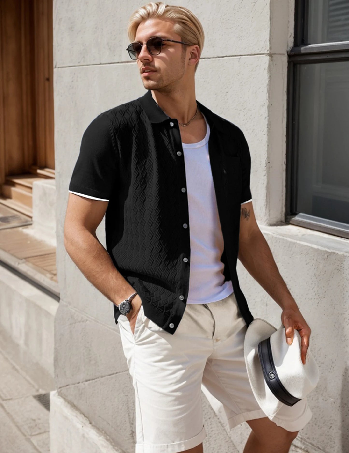 Men's Short Sleeve Casual Knit Textured Button-Down Polo Shirt With Pockets