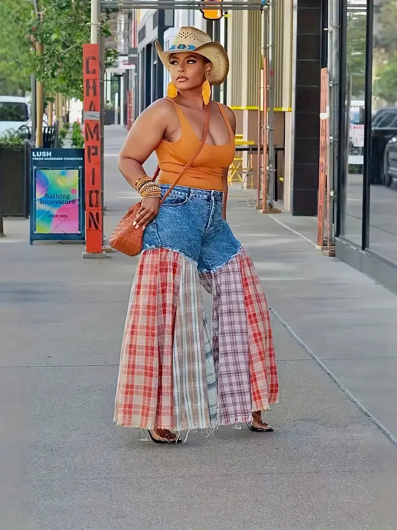 Women's Wide Leg Jeans - Plaid Stitch Loose Fit Denim Pants with Button Closure, Long Casual Streetwear Outfit