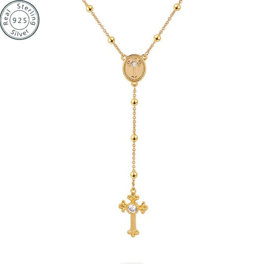 Italian 925 Sterling Silver or 18K Gold Plated Rosary Bead Cross Y Necklace Chain for Women men