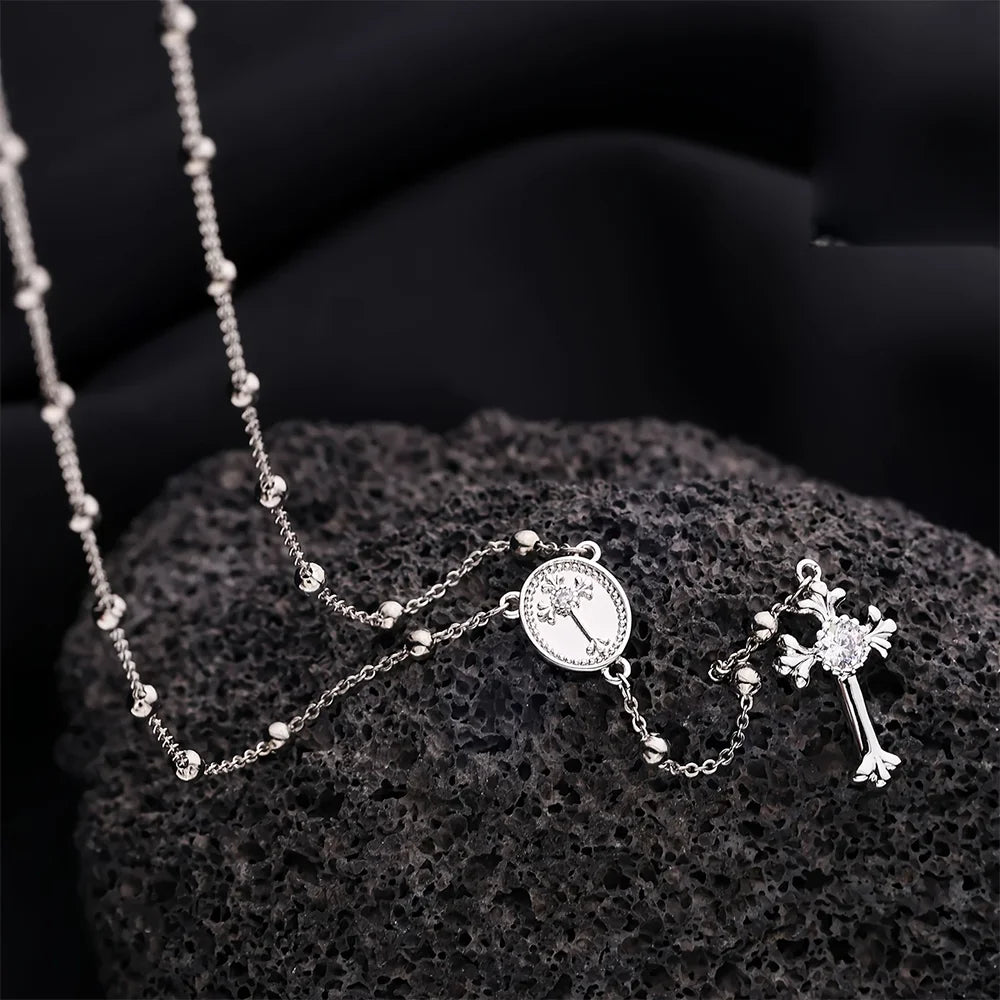 Italian 925 Sterling Silver or 18K Gold Plated Rosary Bead Cross Y Necklace Chain for Women men