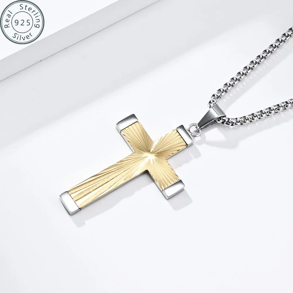 18K Gold Plated 925 sterling silver Cross Necklace Men Women Hip Hop Rays Pattern Cross Pendant Jewelry