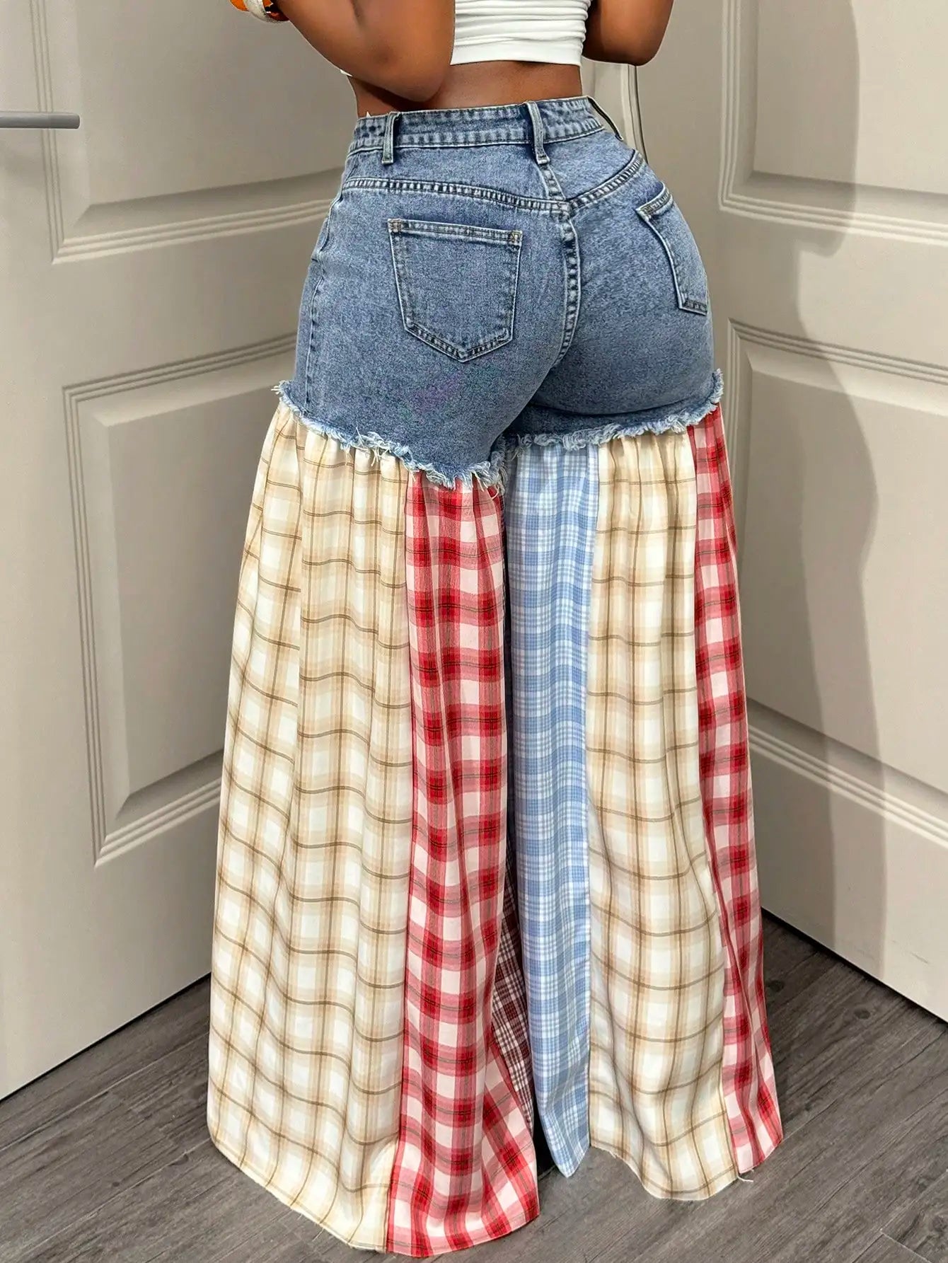 Women's Wide Leg Jeans - Plaid Stitch Loose Fit Denim Pants with Button Closure, Long Casual Streetwear Outfit