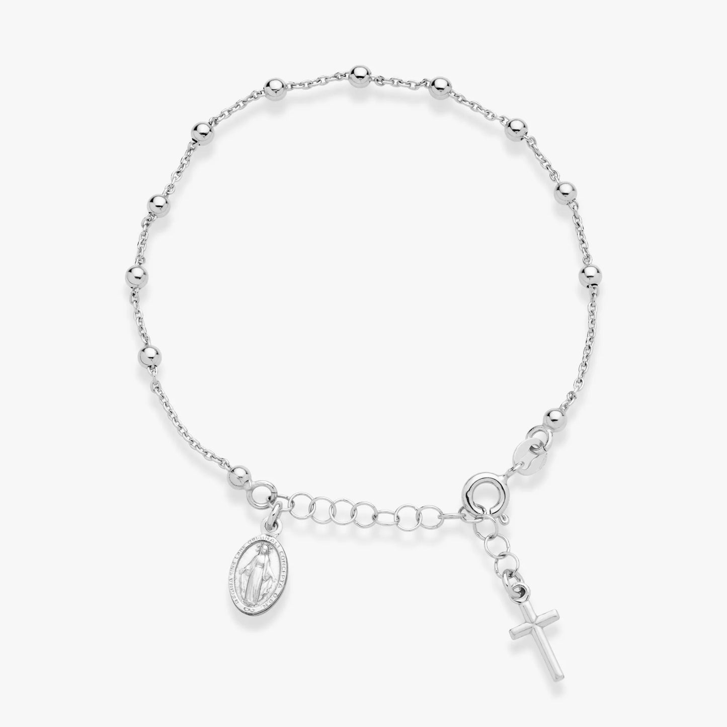 925 Sterling Silver Italian Rosary Cross Bead Charm Link Chain Bracelet for Women, Adjustable, Made in Italy