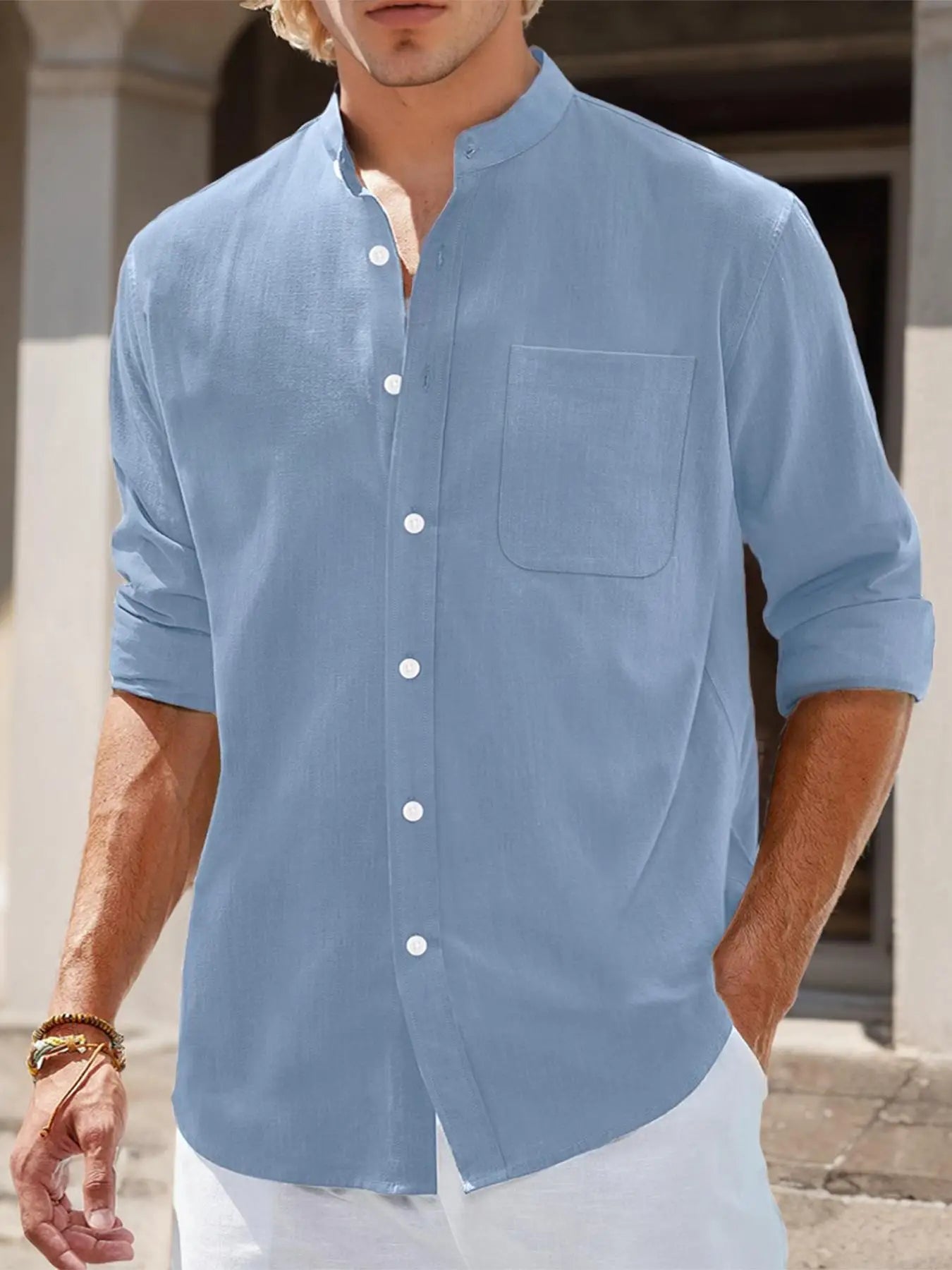 Men's Stand Collar Long Sleeve Casual Shirt, Front Placket Design with Patch Pockets, Suitable for Various Occasions
