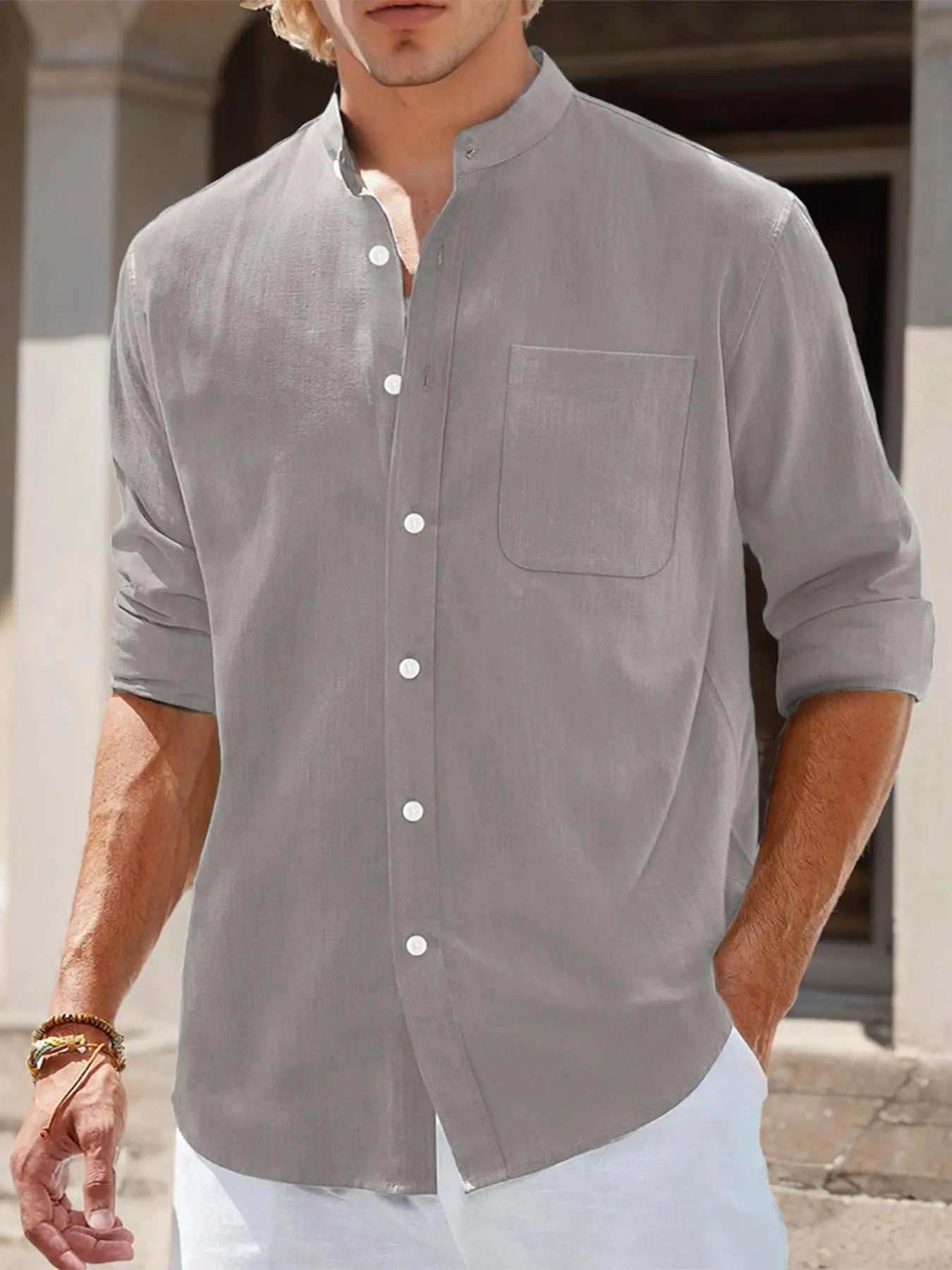 Men's Stand Collar Long Sleeve Casual Shirt, Front Placket Design with Patch Pockets, Suitable for Various Occasions