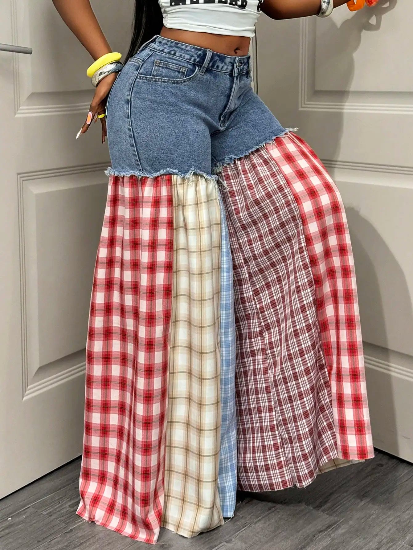Women's Wide Leg Jeans - Plaid Stitch Loose Fit Denim Pants with Button Closure, Long Casual Streetwear Outfit