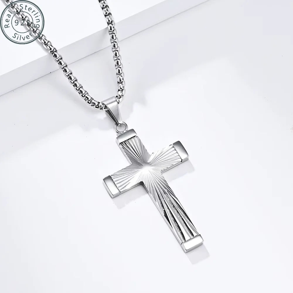 18K Gold Plated 925 sterling silver Cross Necklace Men Women Hip Hop Rays Pattern Cross Pendant Jewelry