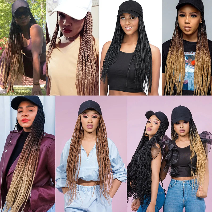 TOMO Long Synthetic Braiding Hair Baseball Cap Hat Wig Adjustable Hat with Ombre Brown Blode Box Braids for Black White Women