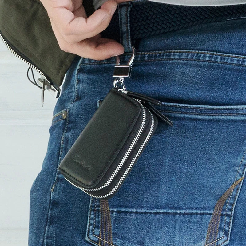 CONTACT'S Classic New Double Zip Men's Genuine Cow Leather Car Key Holder Multifunction Housekeeper High Class Motor Key Case
