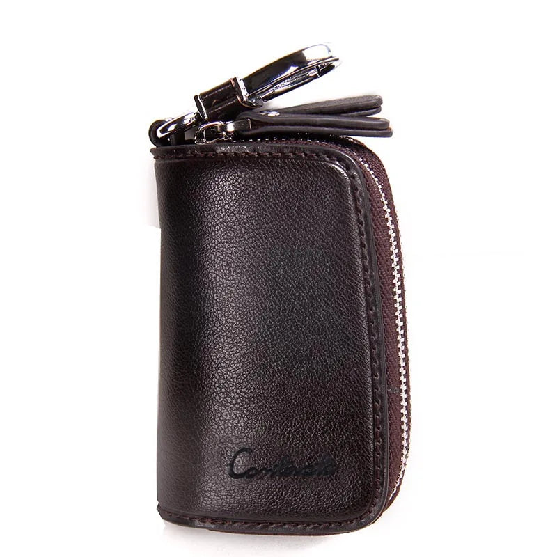 CONTACT'S Classic New Double Zip Men's Genuine Cow Leather Car Key Holder Multifunction Housekeeper High Class Motor Key Case