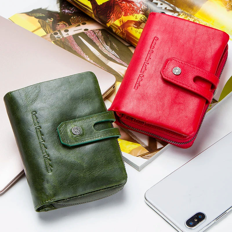 Contact'S Genuine Leather Short Wallet Women Fashion Small Coin Purse Zipper Hasp Card Holder Wallets for Women Portfel Damski