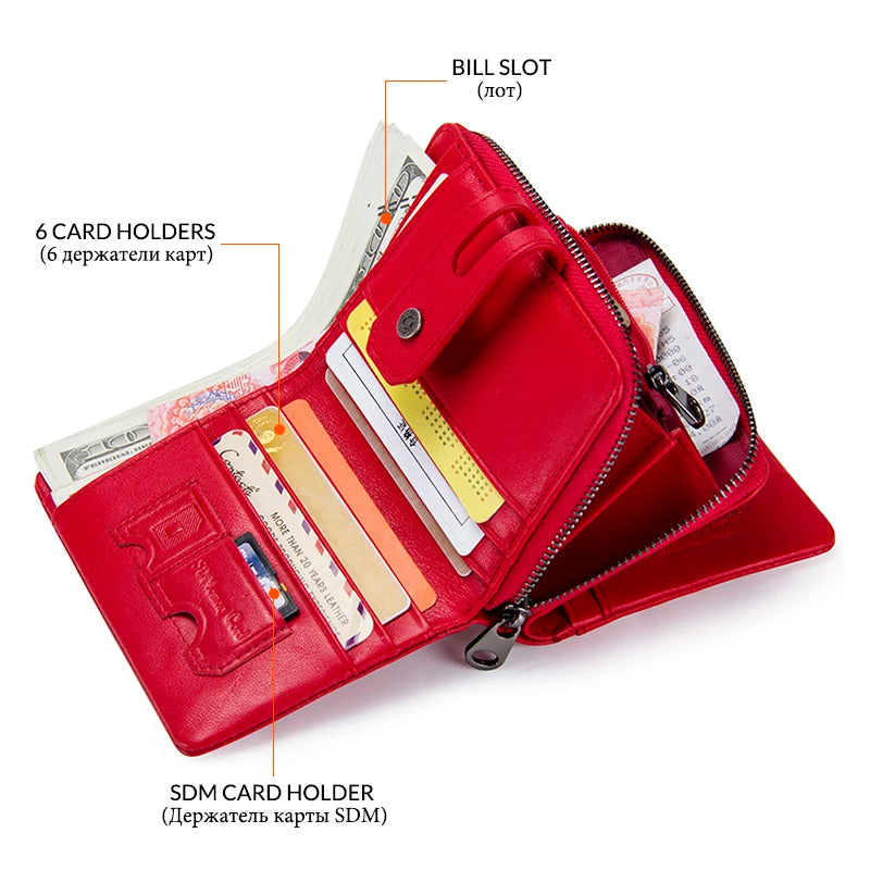 Contact'S Genuine Leather Short Wallet Women Fashion Small Coin Purse Zipper Hasp Card Holder Wallets for Women Portfel Damski