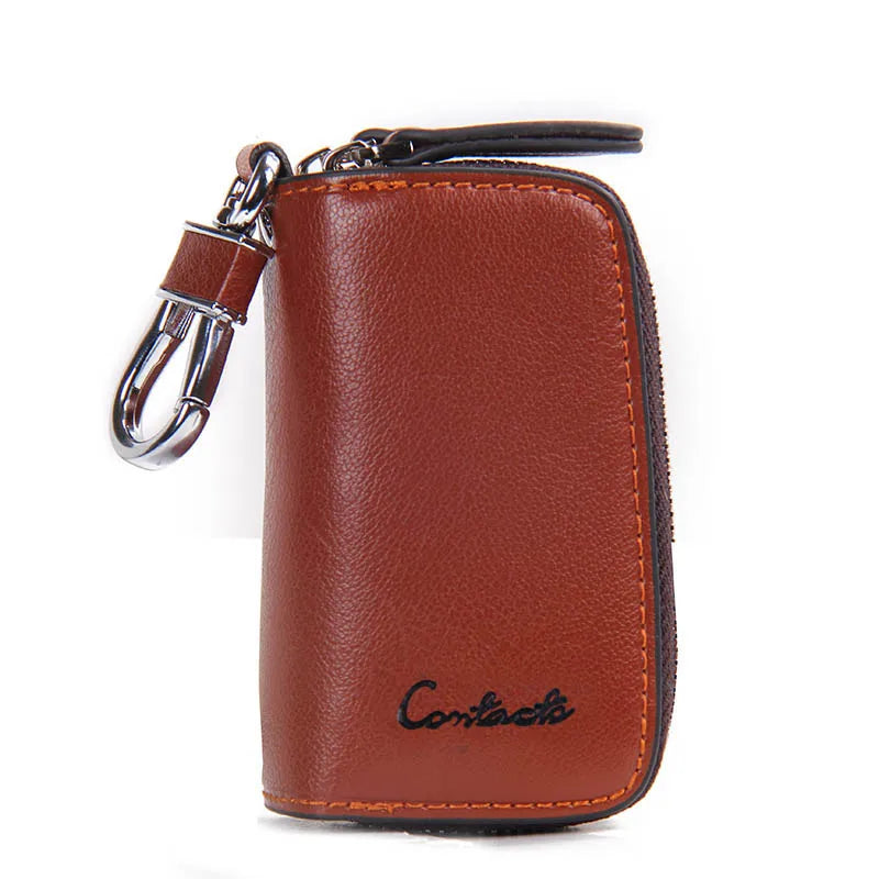 CONTACT'S Classic New Double Zip Men's Genuine Cow Leather Car Key Holder Multifunction Housekeeper High Class Motor Key Case