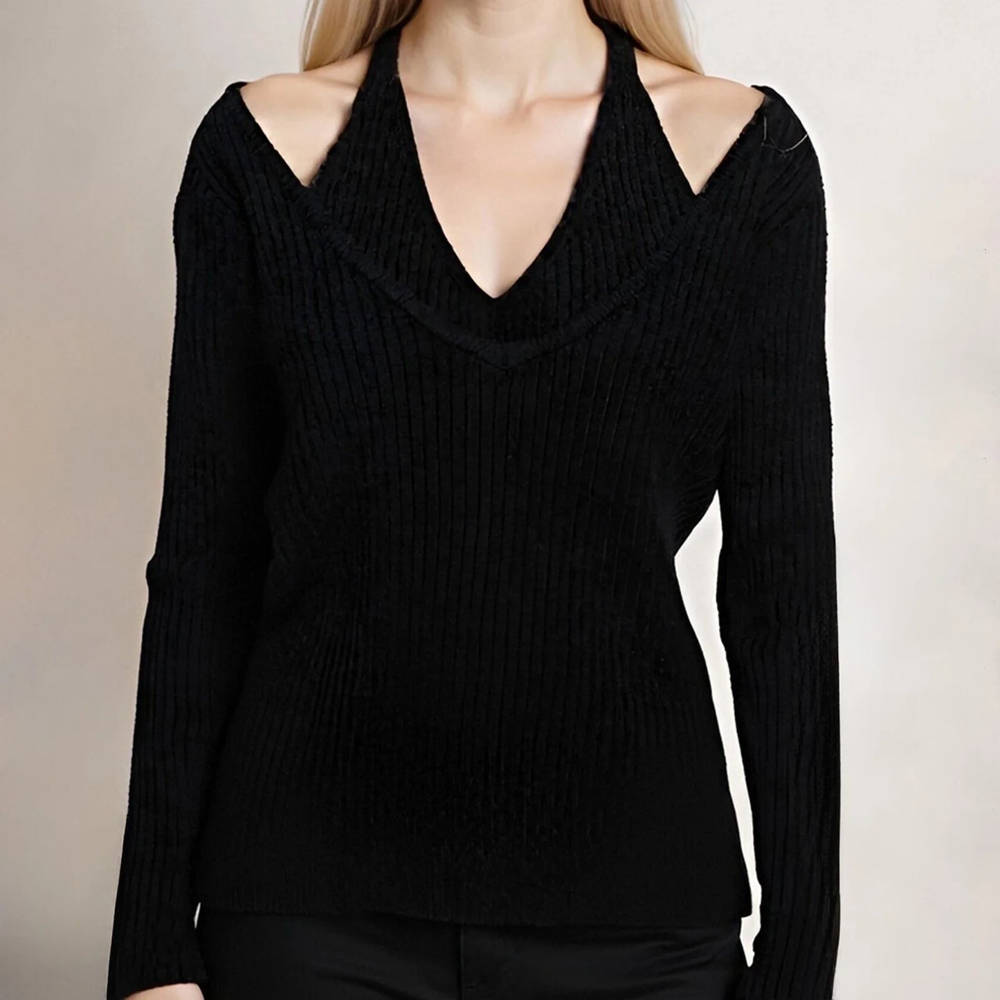 Women s Cozy Cable Knit Sweater with Cold Shoulder Detail and Halter Neckline for Autumn and Winter Fashion